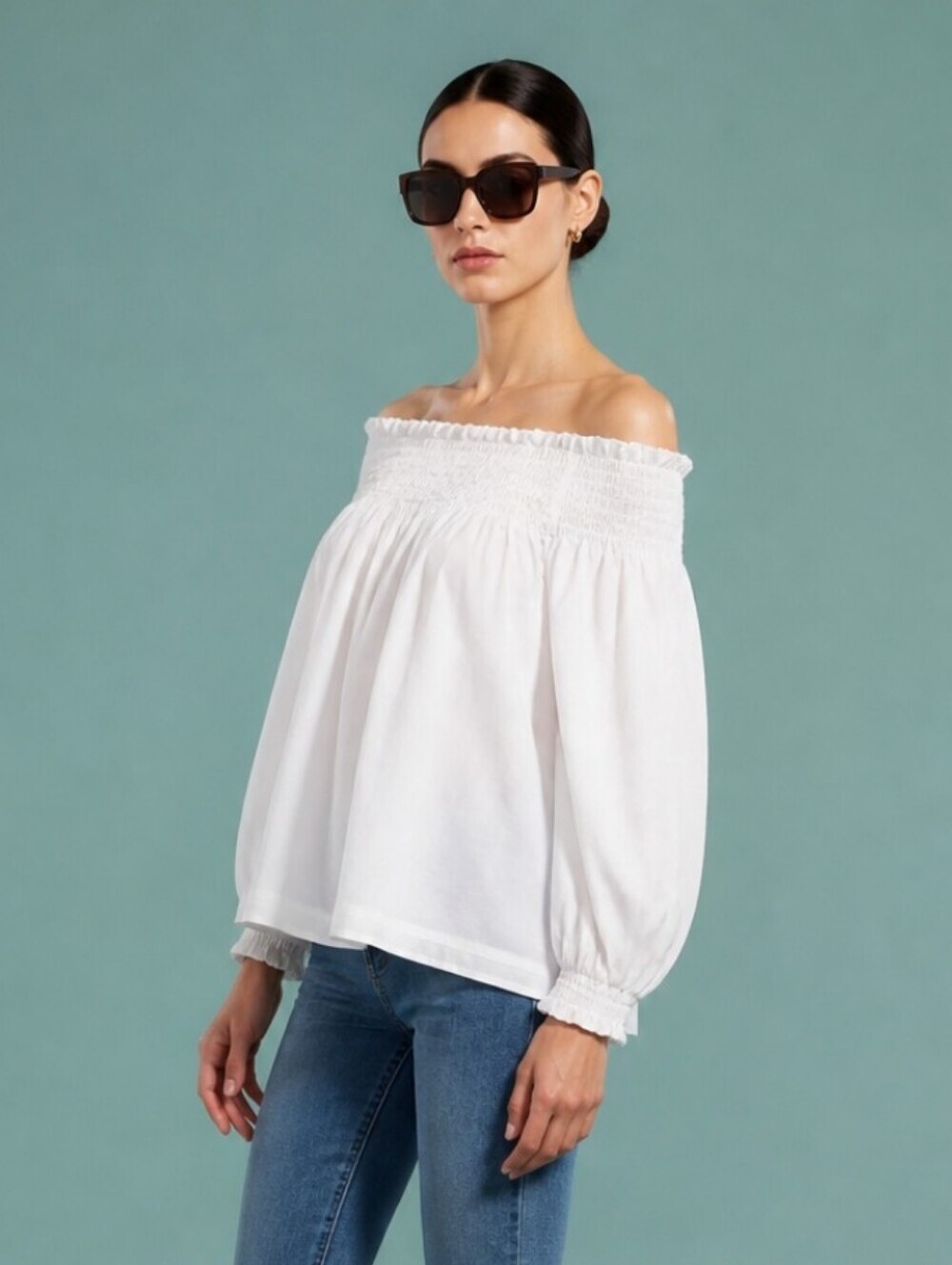 Tunique Women's White Blouse Smocked  Neckline Size M/L